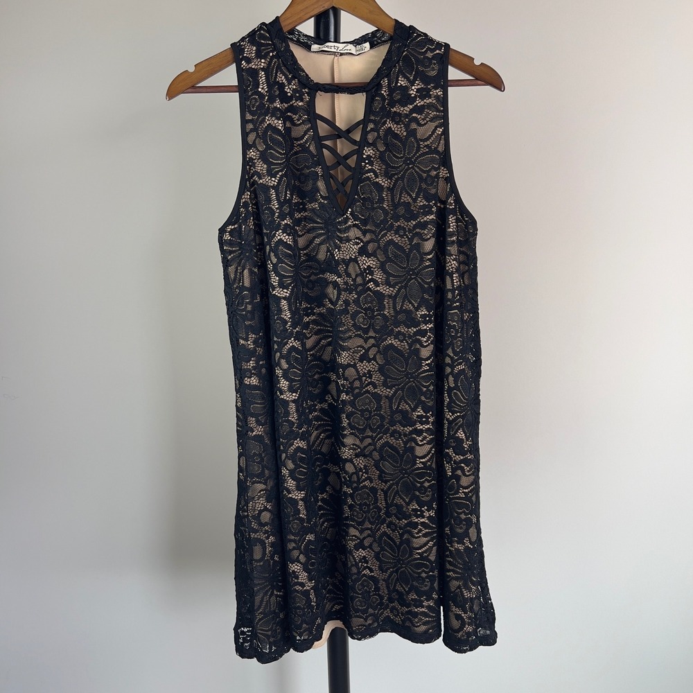 Liberty Love Black Gigi Floral Lace Up Mini Dress 1XL Nude Lining Keyhole